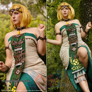 The Legend of Zelda Tears of the Kingdom Princess Zelda cosplay set centers gold emblem sash.