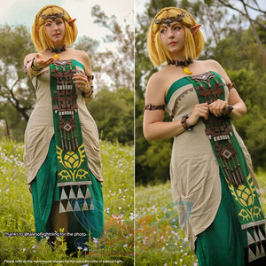 The Legend of Zelda Tears of the Kingdom Princess Zelda cosplay strapless layered dress anchors gold tiara above ornate.