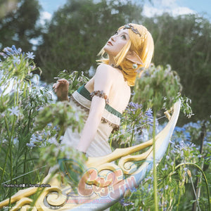 The Legend of Zelda Tears of the Kingdom Princess Zelda cosplay strapless tunic pairs floral armlet.