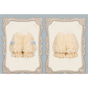 Front and back display of cream pumpkin bloomers with pale blue side bows