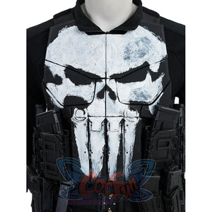 The Punisher Frank Castle cosplay chest armor close-up shows a weathered skull plate beside black vest pouches