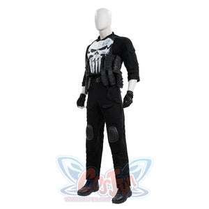 The Punisher Frank Castle cosplay costume angled view highlights skull armor and black tactical layers