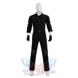 The Punisher Frank Castle cosplay costume front view shows the black base outfit with knee pads and gloves