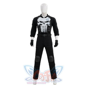 The Punisher Frank Castle cosplay costume front view pairs skull chest armor with black pants and gloves