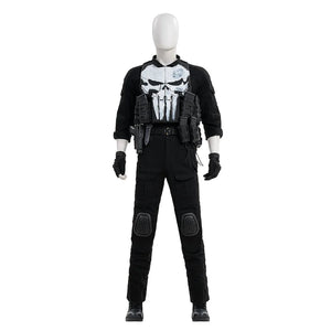COSFUN The Punisher Frank Castle cosplay costume front view sets skull chest armor over a black tactical outfit