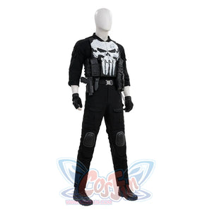 The Punisher Frank Castle cosplay costume three-quarter view frames skull armor over black pants and gloves