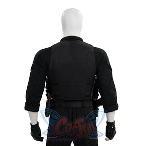 The Punisher Frank Castle cosplay costume upper back view shows a black jacket with a gathered waist