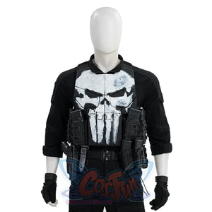 The Punisher Frank Castle cosplay costume upper-body detail centers skull armor above the tactical belt
