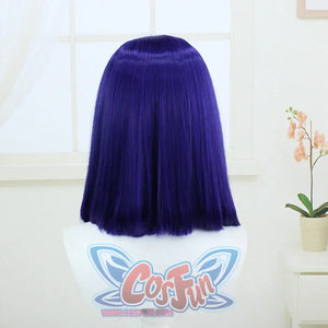 Back view of a wig for Raven cosplay costume from Teen Titans with smooth blue purple blunt cut hair