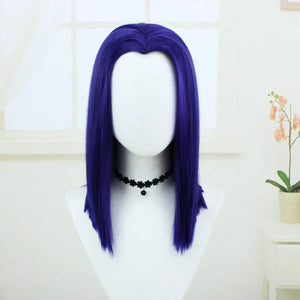 Front view of a wig for Raven cosplay costume from Teen Titans with blue purple straight hair on a mannequin