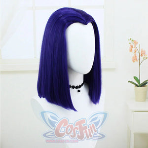 Left angled view of a wig for Raven cosplay costume from Teen Titans with center part and blunt ends