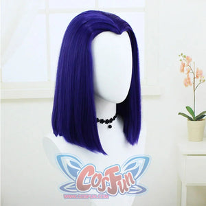 Left angled view of a wig for Raven cosplay costume from Teen Titans with center part and blunt ends