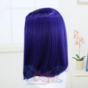 Rear angled view of a wig for Raven cosplay costume from Teen Titans showing straight shoulder length hair
