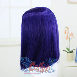 Rear angled view of a wig for Raven cosplay costume from Teen Titans showing straight shoulder length hair