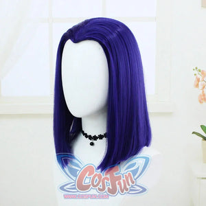 Right angled view of a wig for Raven cosplay costume from Teen Titans with smooth blue purple side panels