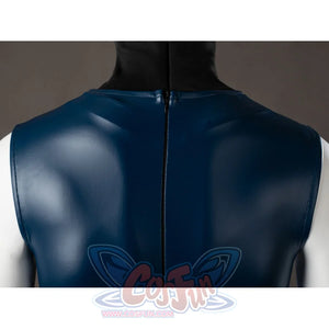 Raven Rachel Roth cosplay bodysuit back detail traces a center zipper down the glossy blue upper panel.