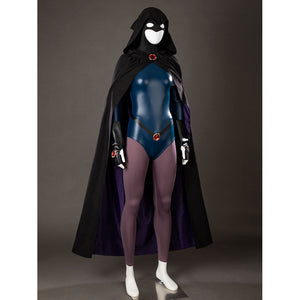 Raven Rachel Roth cosplay costume angled view frames purple cloak lining around the glossy blue bodysuit.