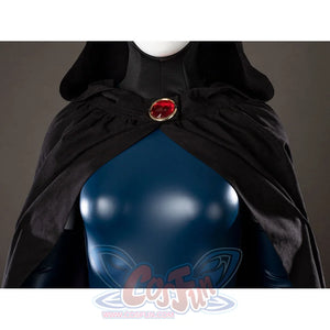 Raven Rachel Roth cosplay cloak clasp close-up anchors a red gem-like centerpiece at the collar.