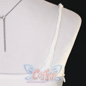 Back close-up of Re:Zero Emilia cosplay costume with white shoulder straps and open back on a mannequin