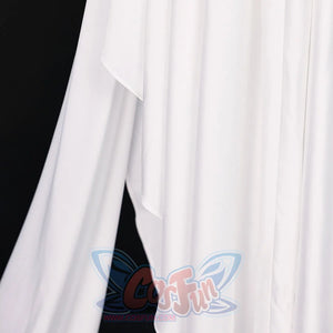Lower skirt detail of Re:Zero Emilia cosplay costume showing flowing white panels and layered draped fabric