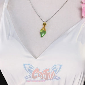 Close-up of Re:Zero Emilia cosplay costume neckline with white V-neck bodice, green pendant necklace, and pink rose