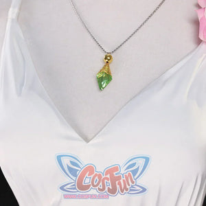 Close-up of the Re:Zero Emilia cosplay costume neckline, showing a white V-neck bodice and green gem-like pendant