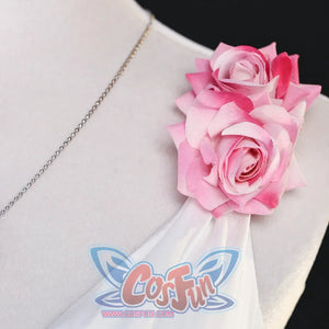 Close-up of the Re:Zero Emilia cosplay costume showing a pink shoulder rose and silver-tone necklace chain