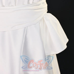 Close-up of Re:Zero Emilia cosplay costume side waist with white sash tie, pleated skirt, and layered side panel