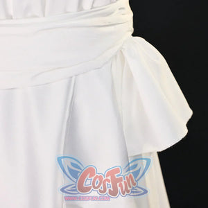 Re:Zero Emilia cosplay dress detail showing a tied white waist sash and layered side skirt panels