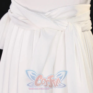 Waist detail of Re:Zero Emilia cosplay costume with twisted white sash, hanging tie, and gathered pleated skirt