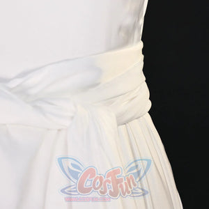 Close-up of Re:Zero Emilia cosplay costume waist knot with white wrap sash, bow tie, and pleated skirt