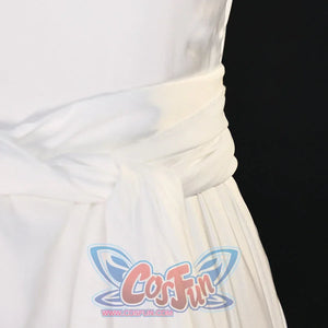 Re:Zero Emilia cosplay waist knot close-up showing a tied white sash over soft pleated skirt folds