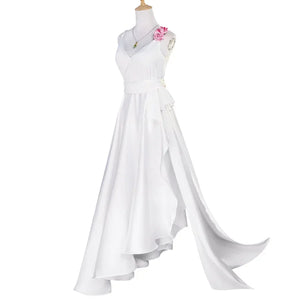 COSFUN Re:Zero Emilia cosplay costume angled view featuring a white dress, waist sash, pink rose, and draped panels