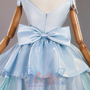 Back view of Re:Zero Rem cosplay costume bodice with center zipper, large waist bow, and pale blue skirt