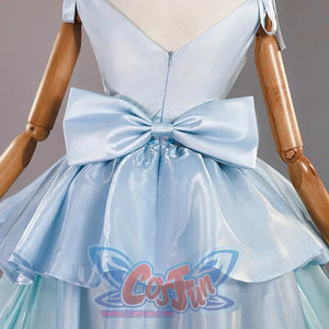 Re:Zero Rem cosplay back bodice view with a center zipper, large waist bow, and pale blue skirt