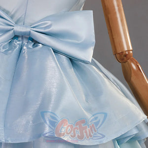 Back waist detail of Re:Zero Rem cosplay costume with large blue bow, glossy peplum skirt, and layered fabric