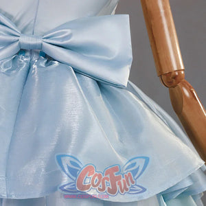 Re:Zero Rem cosplay back waist detail highlighting a large blue bow and glossy peplum skirt