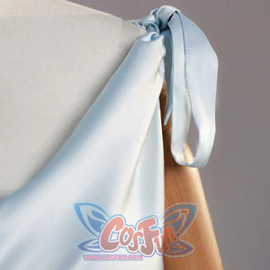 Close-up of the Re:Zero Rem cosplay back shoulder tie with pale blue ribbon and draped train fabric