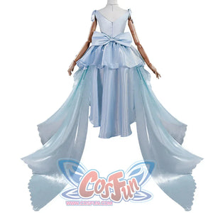 Re:Zero Rem cosplay dress back view showing a large waist bow, layered skirt, and flowing blue train