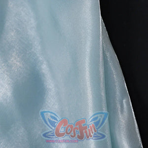 Re:Zero Rem cosplay train fabric close-up with pale blue sheen, soft folds, and stitched edge