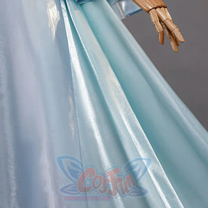 Side train detail of Re:Zero Rem cosplay costume with long pale blue draped panel and glossy fabric folds
