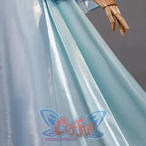Re:Zero Rem cosplay train detail showing a long pale blue draped panel and glossy fabric folds