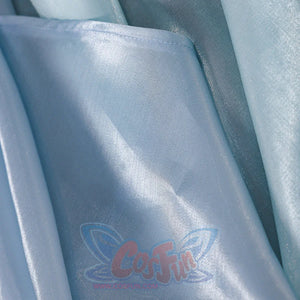 Close-up of Re:Zero Rem cosplay costume layered train fabric with glossy pale blue panels and folded edge