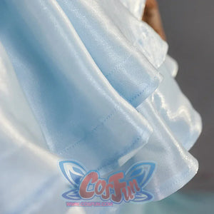 Close-up of the Re:Zero Rem cosplay dress hem showing pale blue ruffled layers and visible stitching