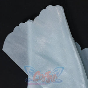 Hem close-up of Re:Zero Rem cosplay costume train with pale blue fabric, scalloped edge, and subtle sheen