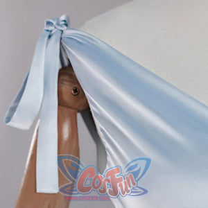 Re:Zero Rem cosplay shoulder tie detail highlighting pale blue draped fabric and ribbon ends
