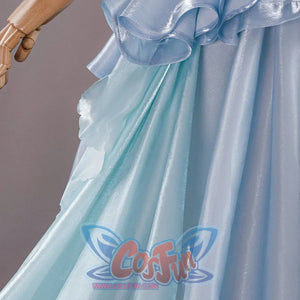 Re:Zero Rem cosplay side train view with layered pale blue panels and long draped fabric