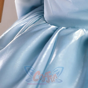 Waist close-up of Re:Zero Rem cosplay costume showing glossy blue skirt folds and layered fabric at the sash