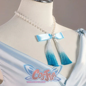 Re:Zero Rem cosplay upper bodice view showing a pearl-like necklace, blue tassels, and shoulder tie