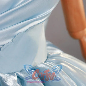 Re:Zero Rem cosplay bodice detail with pale blue wrap fabric, waist seam, and smooth skirt panel
